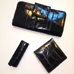 Matching set Wallet Lipstick Case Compact Mirror Accessories Leather Black Gift